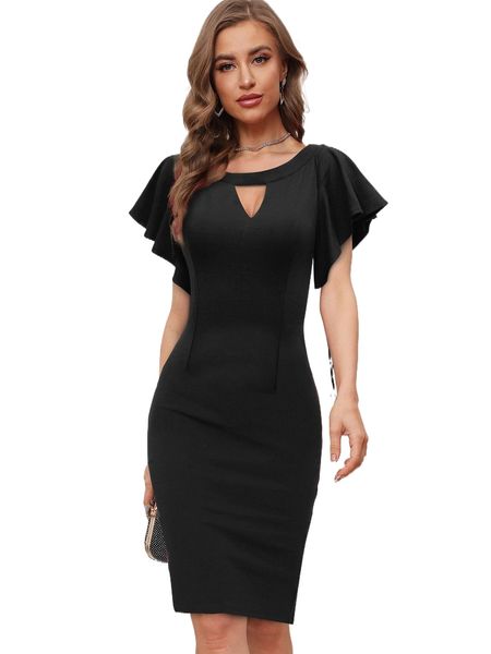 

keyhole neck butterfly sleeve bodycon dress l1hv#, Black;gray