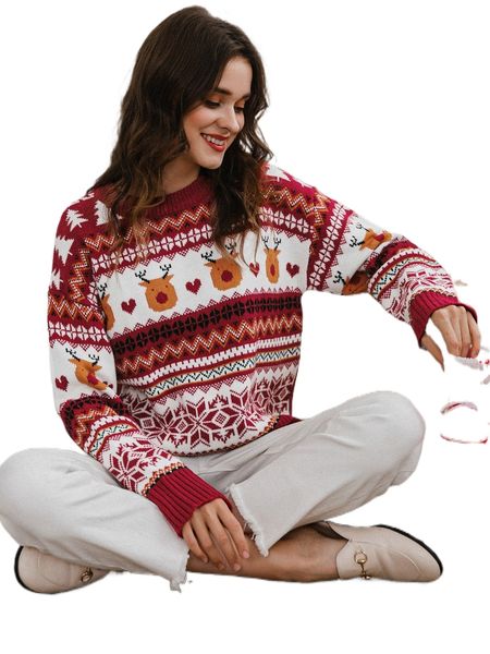 

simplee drop shoulder christmas pattern sweater 43y9#, White;black