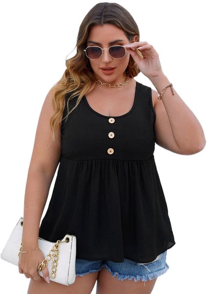 

plus button detail peplum tank b6rs#, Black