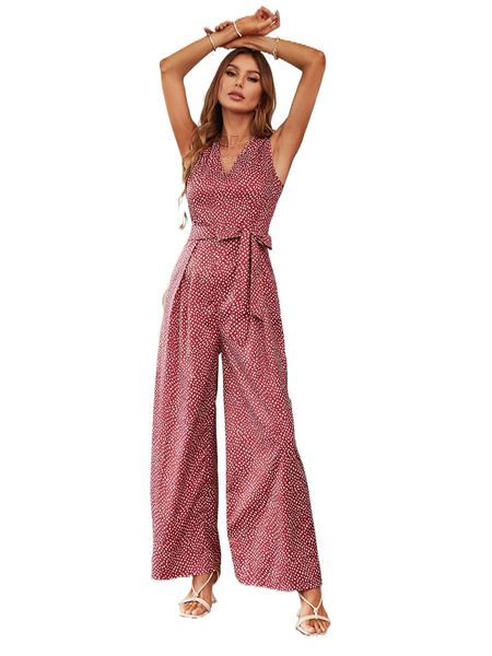 

allover print wide leg sleeveless belted jumpsuit o7cv#, Black;white