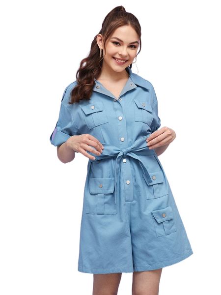 

x tss flap pocket roll up sleeve belted romper 08ud#, Black;white