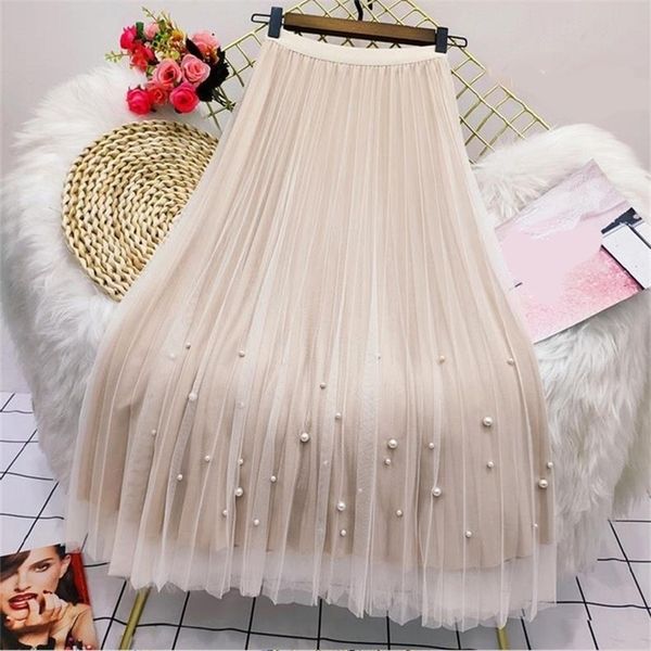 

rimocy both sides wear pearls mesh skirt women summer velvet high waist long woman solid color a line pleated skirts 220618, Black