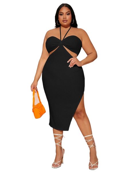 

sxy plus cut out halter neck slit thigh dress q7w0#, Black