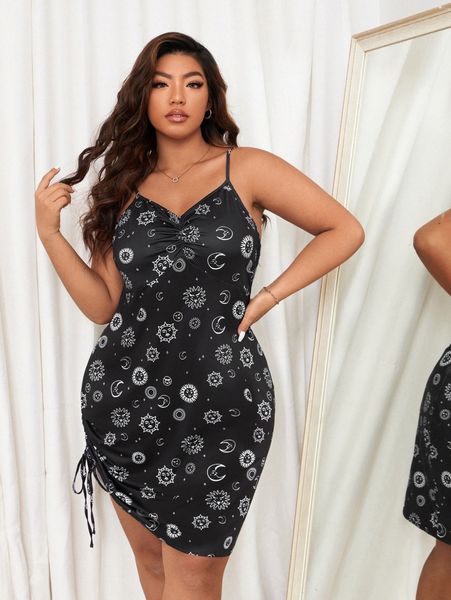 

plus moon & sun print ruched cami night dress a0sh#, Black;white