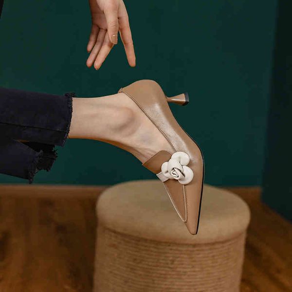 

boots high heeled women's shoes spring french stitching flower temperament pointed small fragrance single thin heel leather p13i, Black