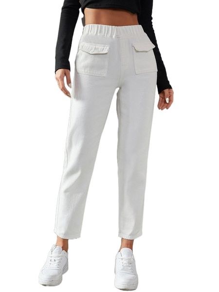 

elastic waist flap pocket pants b13p#, Black;white