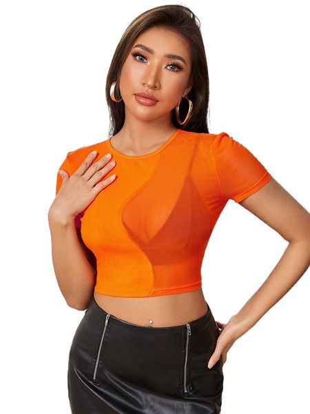 

sheer mesh insert crop tee without bra j8gt#, White