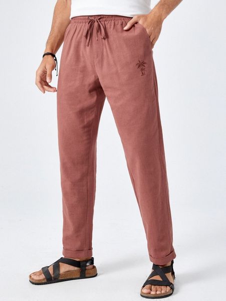 

men palm tree embroidered drawstring waist pants r77e#, Black