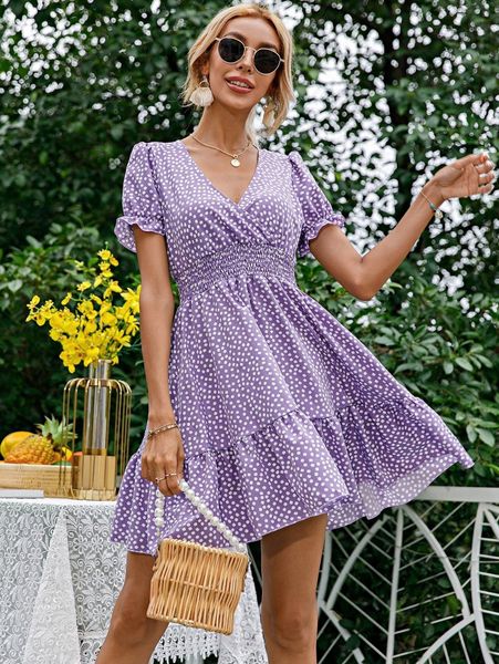 

ditsy floral shirred waist a-line dress r83l#, Black;gray