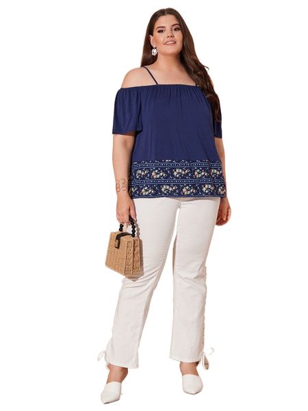 

plus floral print cold shoulder blouse n2ay#, Black