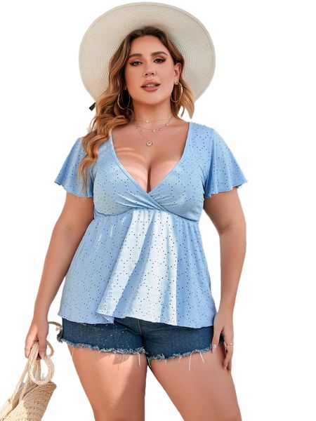 

plus plunging neck peplum blouse m04f#, Black