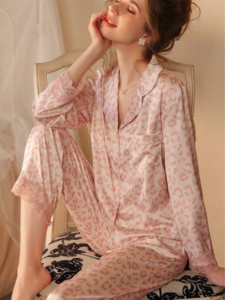 

leopard print pajamas womens sleepwear ice silk suit summer thin long sleeved trousers can be worn outside, Black;red
