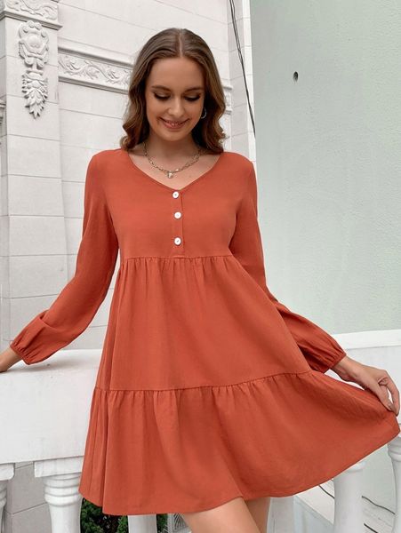 

solid half button lantern sleeve smock dress i1vv#, Black;gray