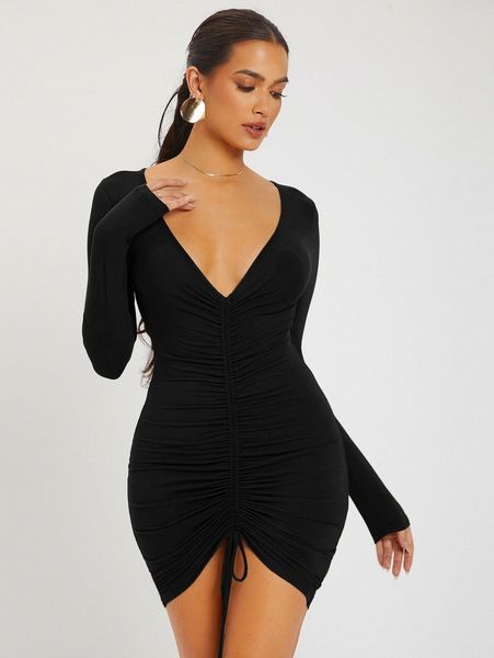 

ruched drawstring knot bodycon dress l57a#, Black;gray