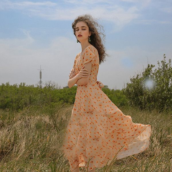 

orange flower dresses billowing beach holiday floral summer female chiffon platycodon grandiflorum, Black;gray
