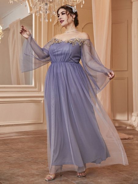 

plus transparent shoulder strap appliques maxi mesh formal dress n3ap#, Black