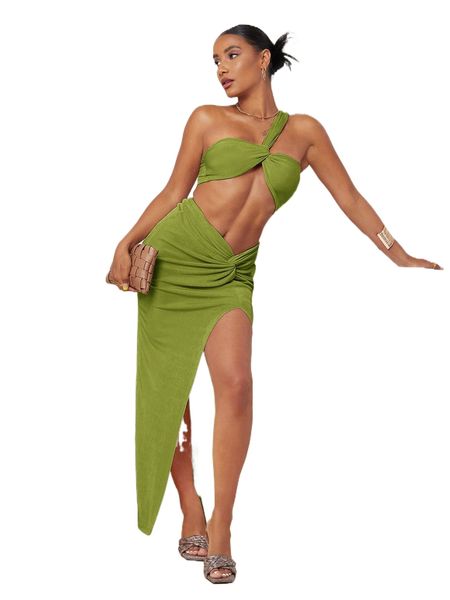 

one shoulder twist crop & split thigh skirt set a7rw#, White