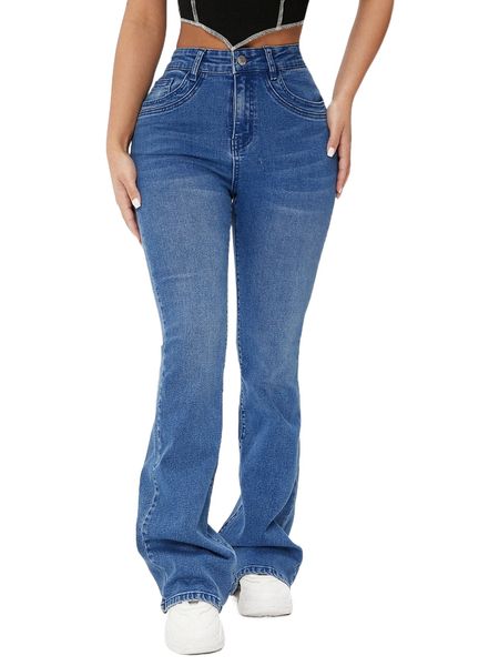 

petite slant pocket bootcut leg jeans k2mb#, Blue