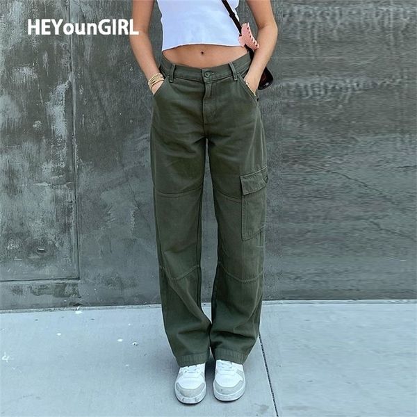 Heyoungirl casual vintage vintage verde calça moda algodão alta cintura jeans exército militar denim calças senhoras bolsos 220325