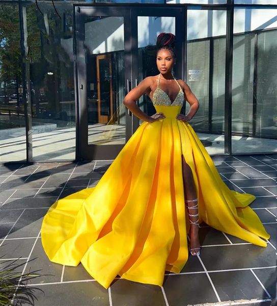 

yellow halter long prom dress for black girls 2022 beaded evening dresses mermaid birthday party gowns high slit robe de soiree