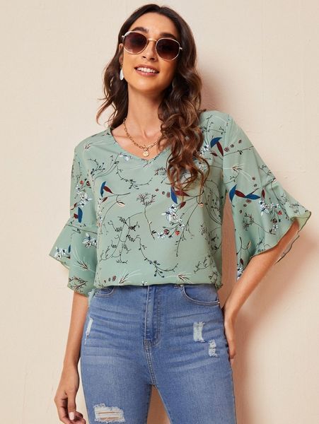 

v-neck botanical print flounce sleeve o7ux#, White