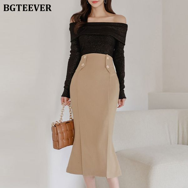

spring women 2 pieces skirt suits elegant slash neck full sleeve pullovers &amp high waist skinny mermaid skirts 2022, White