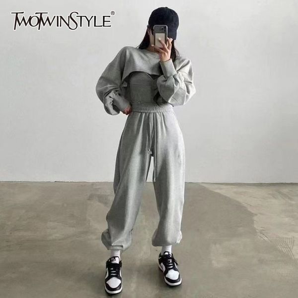

casual gray three piece set for women o neck long sleeve slim vest high waist sporty pants female sets 210423, White