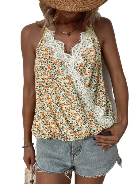 

ditsy floral contrast lace halter n5qs#, White