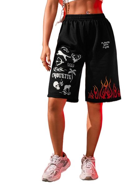 

skull & fire print shorts a18w#, White;black