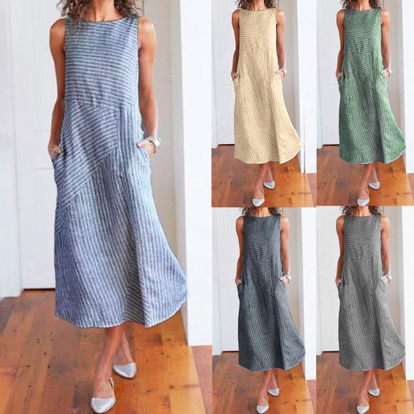 

30h dress woman casual striped print long dress sleeveless dresses o neck linen pocket summer dress for women 2022, Black;gray