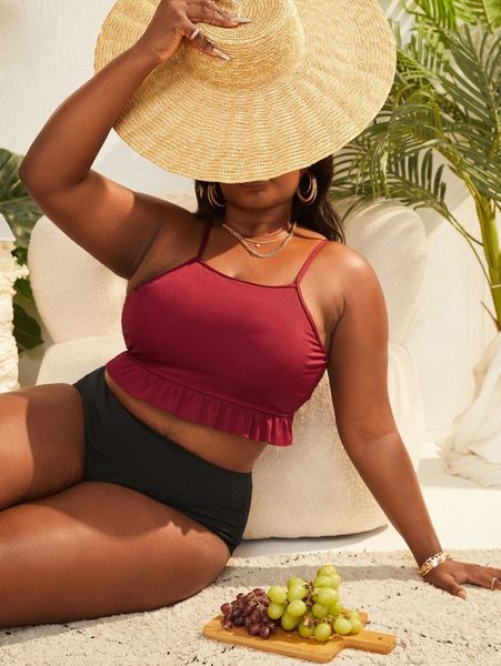 

plus color block rib ruffle hem bikini swimsuit z4zj#, White;black