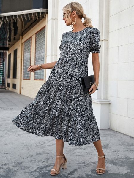 

allover print swing smock dress a52u#, Black;gray