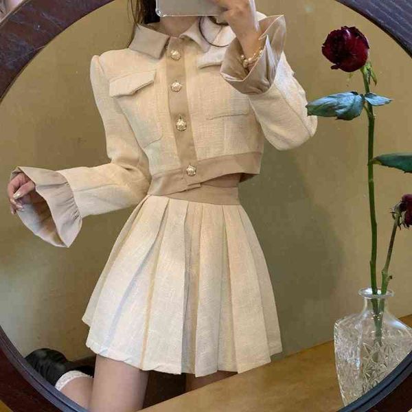 

autumn 2022new elegant two piece set women chic flared sleeves single-breasted short coat high waist a-line mini skirt suit t220729, Gray