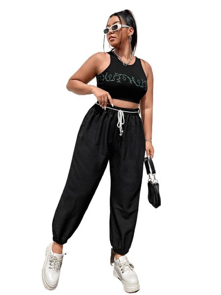 

plus elastic waist belted carrot pants d63i#, Black