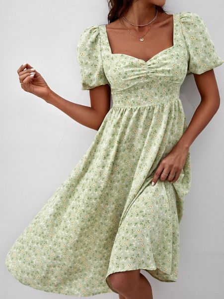 

ditsy floral puff sleeve tie back dress p0kv#, Black;gray