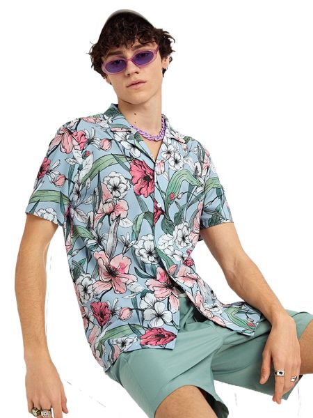 

men floral print lapel neck shirt s1yo#, White;black