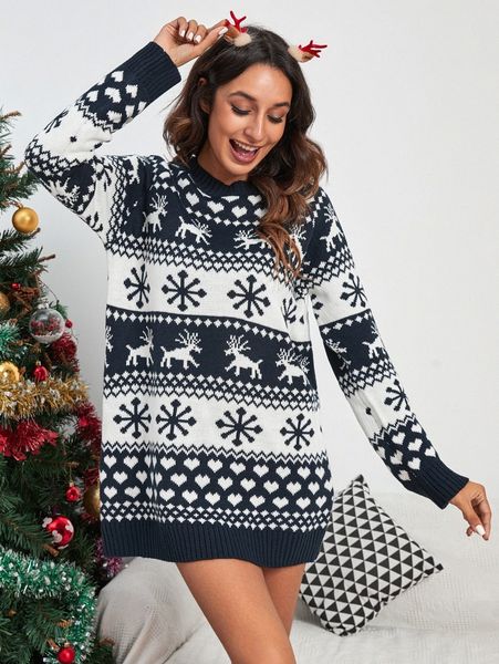 

christmas pattern raglan sleeve longline sweater 59vm#, White;black
