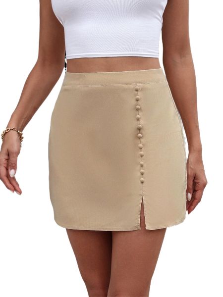 

covered button split hem skirt c6sg#, Black