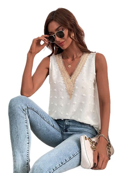 

swiss dot guipure lace insert blouse 45aw#, White