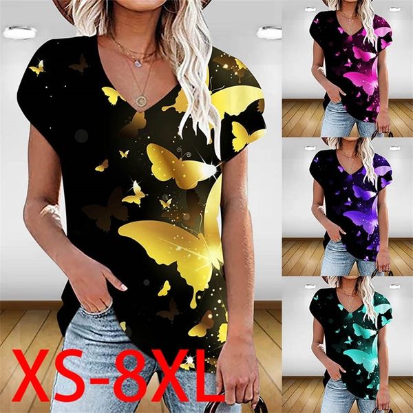 

printed v-neck short-sleeved summer women's t-shirt butterfly printed t-shirt casual slim and comfortable women's xs-8xl 220511, White