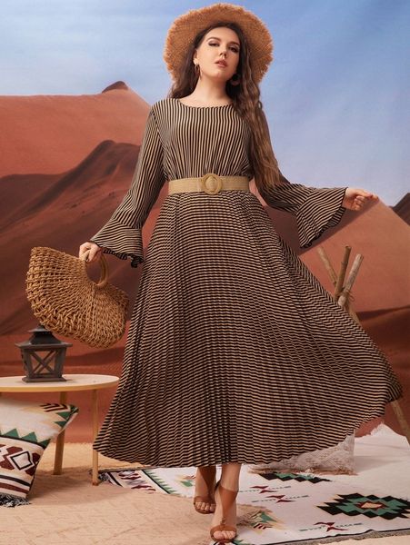 

plus striped pleated hem flounce sleeve dress without belt z4q0#, Black