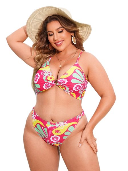 

plus floral ring linked bikini swimsuit x7h9#, White;black