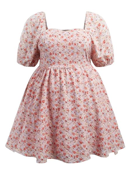 

plus ditsy floral square neck puff sleeve shirred back dress e2wj#, Black