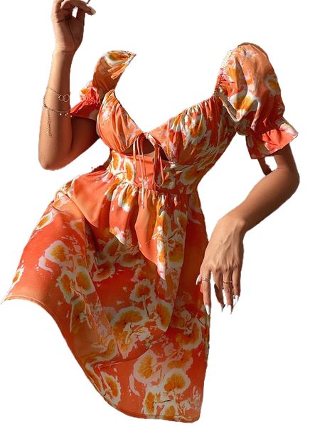 

floral print cut out knot front puff sleeve dress l9xs#, Black;gray
