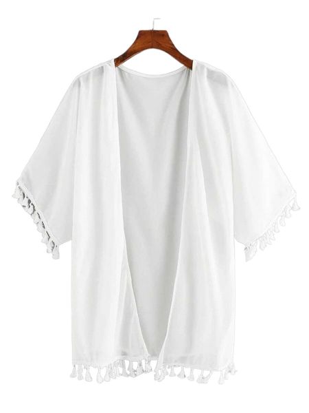 

plus tassel trim kimono p35v#, Black;gray