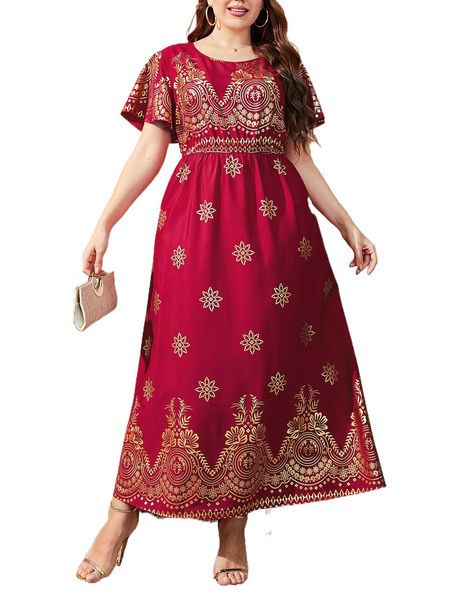 

plus gold floral print butterfly sleeve dress s9fp#, Black