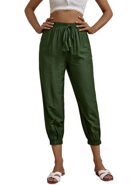 

solid tie front tapered pants y601#, Black;white