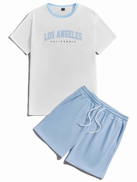 

men letter graphic contrast trim tee & drawstring waist shorts 06p4#, Gray