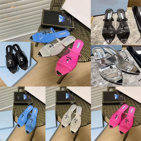 

designer slippers transparent pvc sandals women printed plexiglass heels luxury summer slides inside enameled metal triangle logo flat shoe, Black