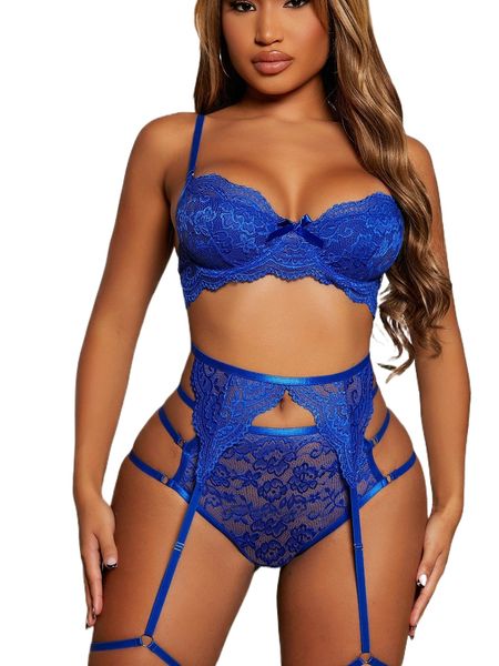 

floral lace scallop trim underwire garter lingerie set d7my#, Black;red